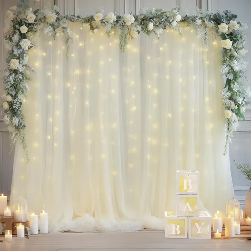 Miniatura 14 de Cortina de telón de fondo de tul azul bebé de 10 x 8 pies con cadena de luces para fiestas, cortinas de fondo transparentes para bodas, baby shower