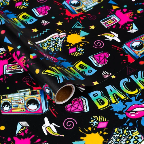 Pineraap Rollo de papel de regalo de los años 80 y 90, papel de regalo de hip hop neón de los años 80, papel de regalo retro de graffiti rock