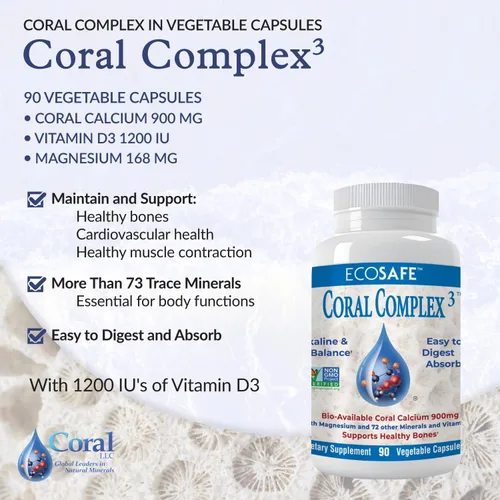 Miniatura 2 de Coral Complex 3 Suplemento de calcio Vitamina D3 y magnesio – 900 mg de calcio coral biodisponible para fuerza ósea, apoyo articular y equilibrio