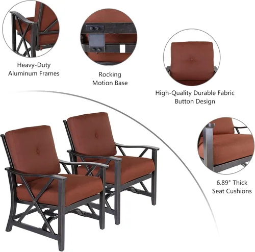 Miniatura 4 de Juego de 2 mecedoras para patio, juego de bistró al aire libre, serie Haywood de aluminio con respaldo en X, silla de resorte de movimiento