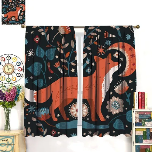 Miniatura 3 de Cortinas opacas de dibujos animados de animales de bosque naranja, zorro, flores, luna, hojas azules, arte abstracto, niños y niñas, decoración