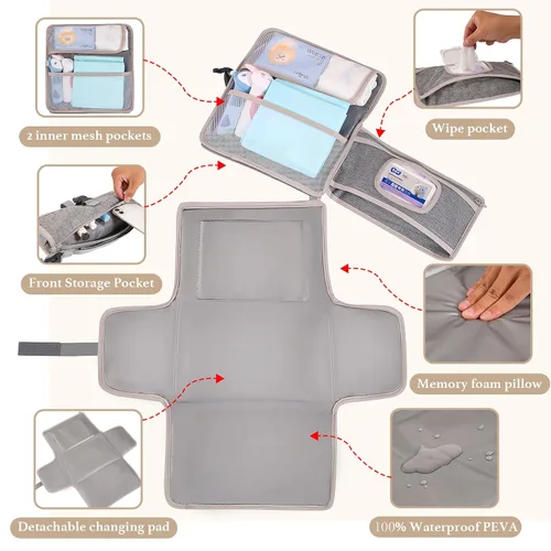 Miniatura 2 de Cambiador de pañales portátil para bebé, bolsa de viaje para cambiador de pañales para bebé con bolsillo para toallitas, cambiador portátil