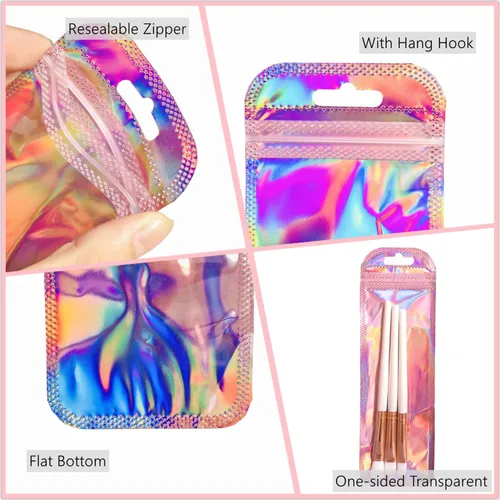 Miniatura 5 de 100 bolsas de embalaje holográficas resellables para pequeñas empresas, embalaje transparente con cierre de cremallera para recuerdos de fiesta