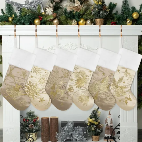 GEX Medias de Navidad Paquete de 6 para Familia 20" Grandes Lentejuelas Doradas de Seda con Suave Piel Sintética Bordada Decoraciones Clásicas para