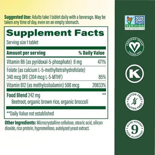 Miniatura 2 de MegaFood Metil B12 - Vegano - Incluye metil folato, vitamina B12 y B6 - Apoya la producción de energía celular, la salud del sistema nervioso