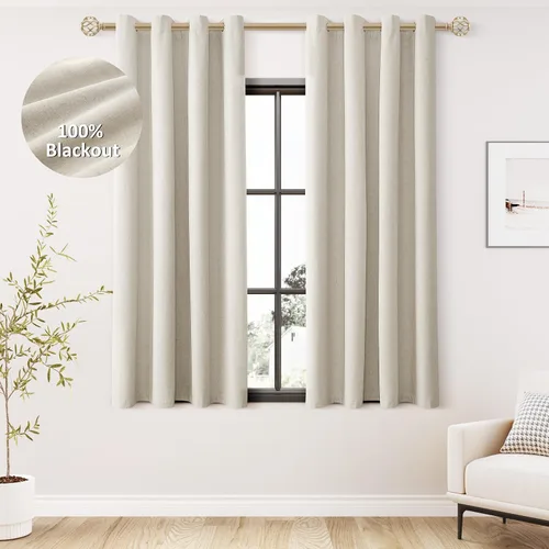 Miniatura 59 de Cream Linen Blackout Curtains 90 Length 2 Panels Set for Living Room Bedroom, 100% Black Out Thermal Insulated Linen Drapes, Room Darkening Grommet