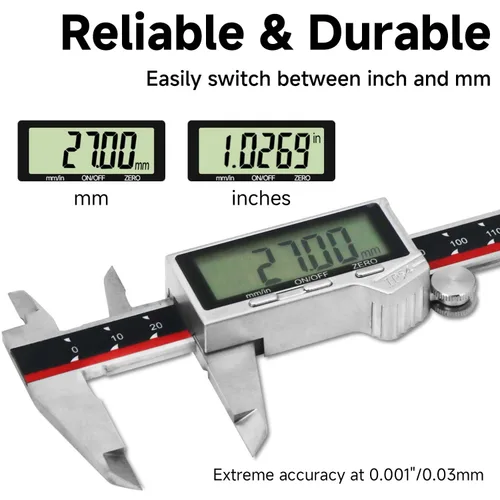 Miniatura 5 de Calibre digital, herramienta de medición de calibre de acero inoxidable impermeable IP54, pinza Vernier con pantalla LCD enorme, función de apagado