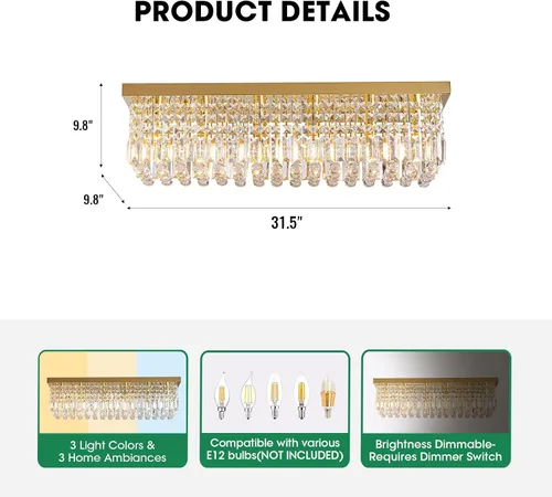Miniatura 5 de Candelabros Modernos de Cristal para Lámpara de Comedor, Candelabro de Techo Rectangular Dorado de 6 Luces para Isla de Cocina y Sala de Estar