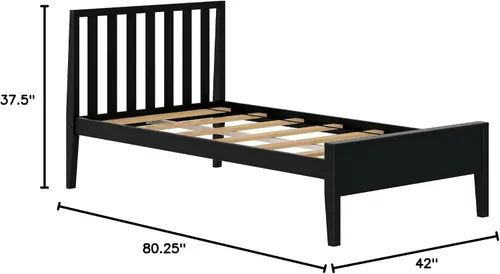 Miniatura 2 de Plank+Beam Base de cama individual moderna de madera maciza con cabecera de listones, plataforma escandinava con soporte de listones de madera, Negro
