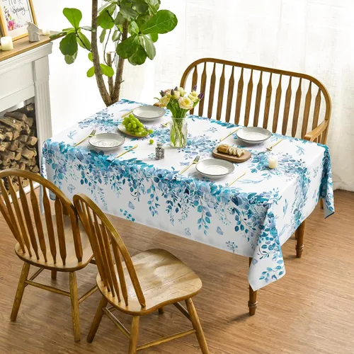 Miniatura 2 de Horaldaily Mantel de primavera rectangular de 52 x 70 pulgadas, mantel floral de eucalipto azul para decoración de fiestas, pícnic, cenas