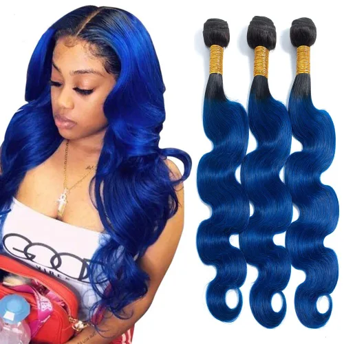 Miniatura 9 de Paquetes de cabello humano ondulado azul de dos tonos de raíces negras a azules, paquetes de cabello humano brasileño 1B/azul, paquetes de cabello