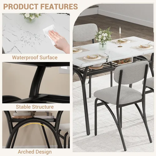 Miniatura 6 de GarveeHome Juego de mesa de comedor de 5 piezas para 4, mesa de cocina moderna con 4 sillas de bouclé, mesa de comedor rectangular con estante