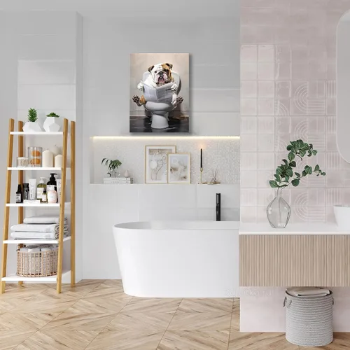 Miniatura 4 de Arte de pared de baño para perro, divertido decoración de pared de baño, diseño de bulldog inodoro, lienzo impreso, pintura para decoración
