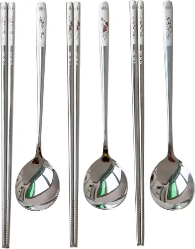 Juego de palillos y cucharas reutilizables, juego de cuchara y palillos coreanos de acero inoxidable de mango largo, palitos de metal aptos para