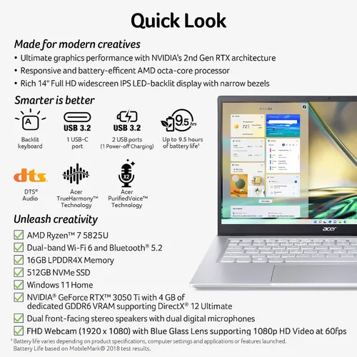 Miniatura 7 de acer Swift X SFX14-42G-R607 Creator Laptop 14 pulgadas Full HD 100% sRGB AMD Ryzen 7 5825U GPU NVIDIA RTX 3050 Ti Laptop 16GB LPDDR4X