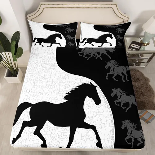Miniatura 8 de Manfei Sábana bajera ajustable de caballo al galope, tamaño individual, funda de cama con temática de animales con 1 funda de almohada, juego