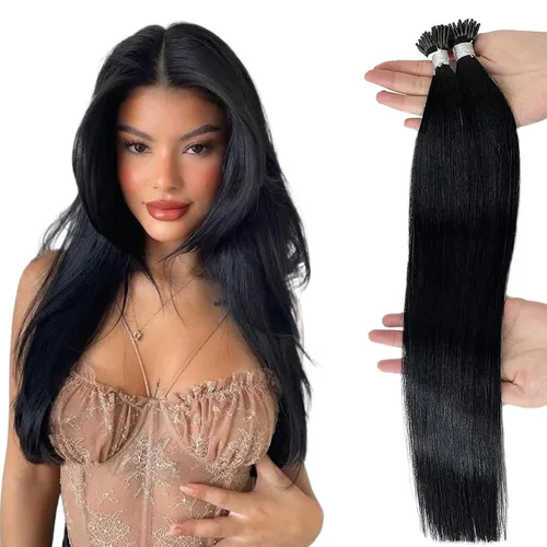Miniatura 25 de Extensiones de cabello humano microlink de 16 pulgadas, extensiones de cabello natural suave de microcuentas, color #1 negro azabache, 100% cabello