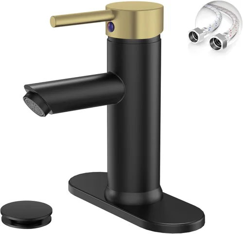 Miniatura 11 de Grifo mando de una sola pieza para fregadero de baño con desagüe desplegable sin desbordamiento Negro