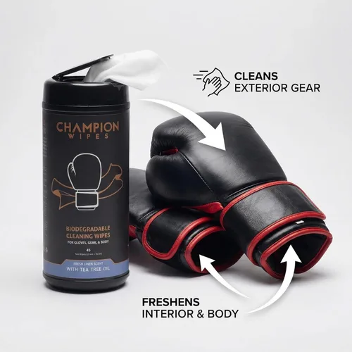 Miniatura 3 de Toallitas Champion - Toallitas de limpieza para guantes de boxeo, 45 unidades Fórmula con aceite de árbol de té Para guantes, equipo y cuerpo