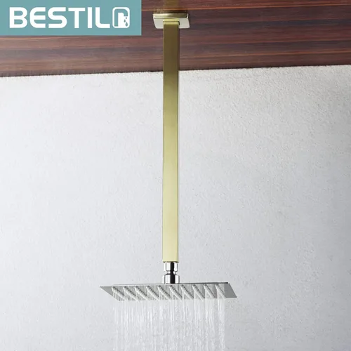 Miniatura 3 de BESTILL Brazo y brida de ducha de montaje en techo de oro cepillado de 8 pulgadas, brazo cuadrado de cabezal de ducha de lluvia
