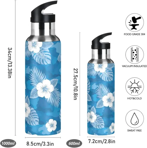 Miniatura 2 de Stainless Steel Vacuum Insulated Water Bottle 20 Oz, Leakproof Water Bottles for Gym Outdoor Travel School, Flowers Tropical Leaves Blue
