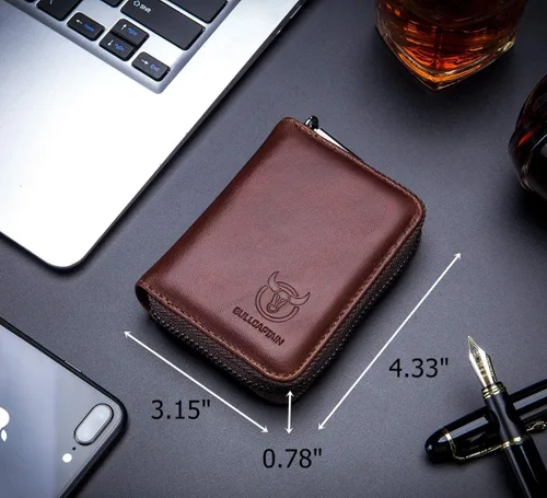 Miniatura 3 de BULLCAPTAIN Cartera de cuero genuino para hombre, tarjetero con cremallera para tarjetas de crédito, Marrón