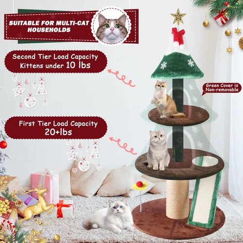 Miniatura 6 de Árbol de Navidad para gatos de 53 pulgadas, torre para gatos con 2 condominios y postes rascadores de sisal para interiores, diseño de árbol