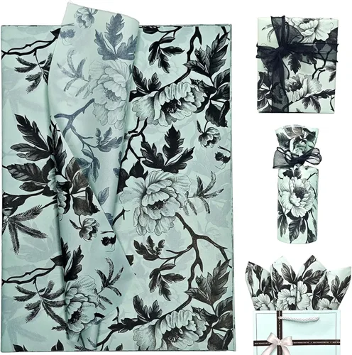 Papel de seda decorativo floral para envolver regalos, verde menta con peonías negras, papel de seda floral vintage para manualidades de bolsas de