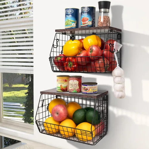 Mefirt Frutero, cesta de frutas apilable montada en la pared con tapa de madera lisa con 4 ganchos para colgar plátanos, organizador de encimera de