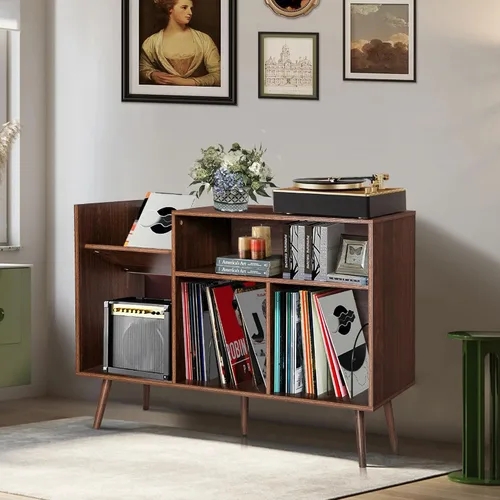 Miniatura 3 de Soporte grande para tocadiscos, mesa de almacenamiento de discos de vinilo de mediados de siglo con patas de madera y almacenamiento de discos