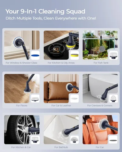 Miniatura 5 de MayKing Depurador eléctrico giratorio con 9 cabezales de cepillo, limpiador eléctrico inalámbrico ajustable de 3 ángulos y 4 longitudes, pantalla