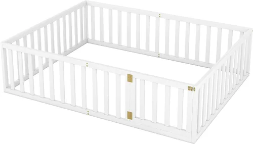 Miniatura 5 de Cama de plataforma tamaño Queen con valla, marco de cama de piso de madera maciza con puerta, marco de sofá cama tamaño Queen, color blanco