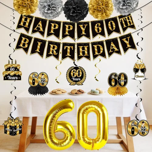 Miniatura 5 de Decoraciones de cumpleaños de 60 años para hombres y mujeres, pancarta de feliz cumpleaños número 60, globos de felicitación a 60 años, decoraciones