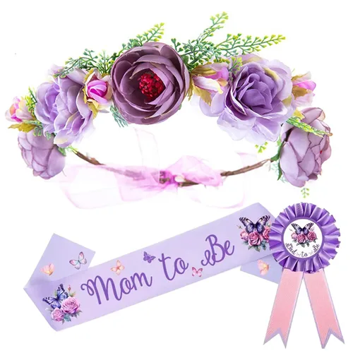 Miniatura 7 de Decoración de baby shower para niñas, tiara ajustable de corona de flores y banda de princesa creciendo, pin de papá, regalos de fiesta rosa