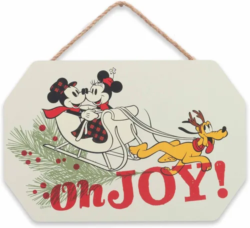 Open Road Brands Disney Mickey Mouse, Minnie y Pluto Oh Joy - Decoración de pared de madera colgante – Decoración navideña vintage de Mickey Mouse