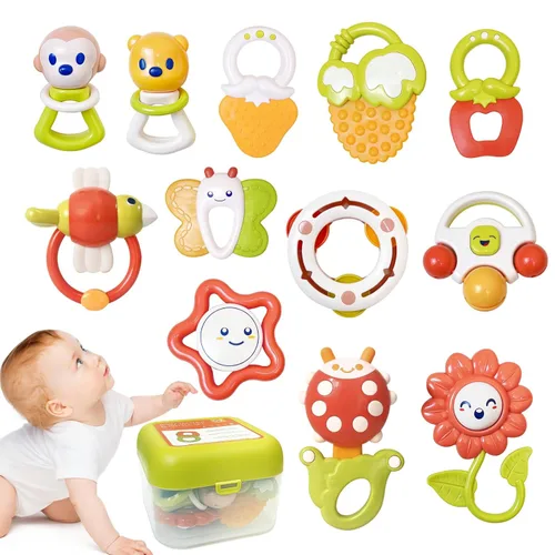 Cuterabit Juego de 12 Sonajeros para Bebés con Estuche de Almacenamiento, Juguetes de Dentición para Bebés, Regalo de Navidad para Recién Nacidos