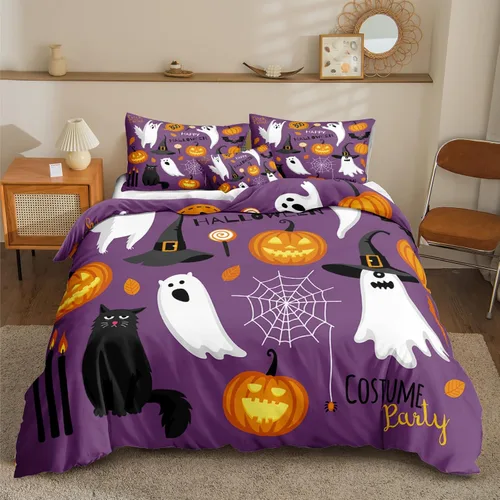 Miniatura 36 de Juego de funda de edredón de calabaza para Halloween, divertido diseño de calabaza malvada, color negro, juego de ropa de cama Tiwn 1 funda
