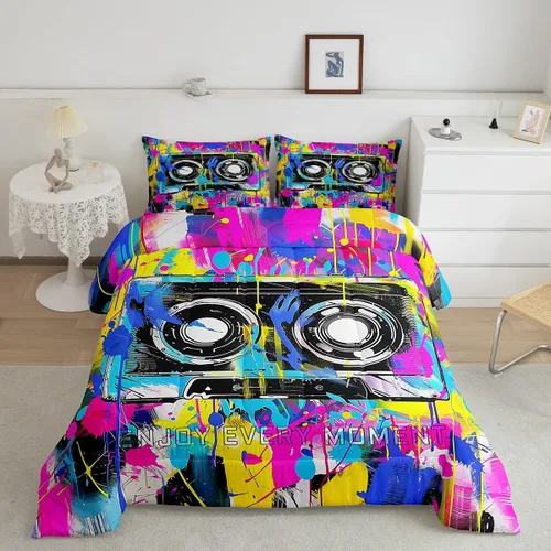 Miniatura 17 de Homewish Piano Music Comforter Set King Size,Musical Notes Bedding Set 3Pcs for Kids Girls Boys Teens Room Decor,Retro Graffiti Grey Gold Down Multi
