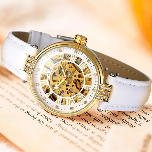 Miniatura 3 de Reloj de pulsera para mujer, analógico, números romanos esqueleto cristal automático automático automático reloj de cuero mecánico
