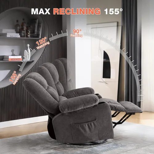 Miniatura 5 de Silla reclinable de masaje de 8 puntos con función mecedora calefactada para adultos, reclinable de gran tamaño con bolsillo lateral, 2 portavasos