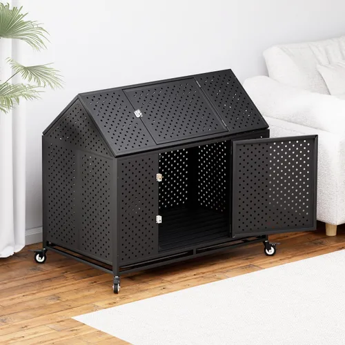 Miniatura 7 de 48" Jaula para Perros de Alta Resistencia Jaula Grande de Metal Fuerte para Perros Grandes con Parte Superior Abierta con 2 Puertas 4 Ruedas