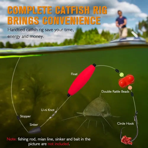 Miniatura 4 de Dovesun Pre-Tied Catfish Rig System, 23 Inch 55LB Santee Cooper Catfish Float Rig with Adjustable EVA Slip Float and High Carbon Circle Hooks 5/0
