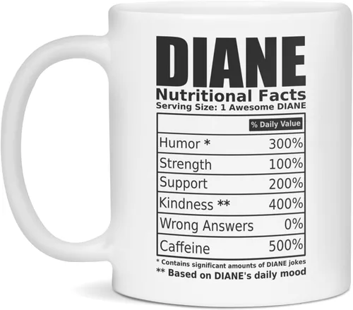 Diane - Etiqueta de datos nutricionales – Taza divertida de Diane, 11 onzas, color blanco