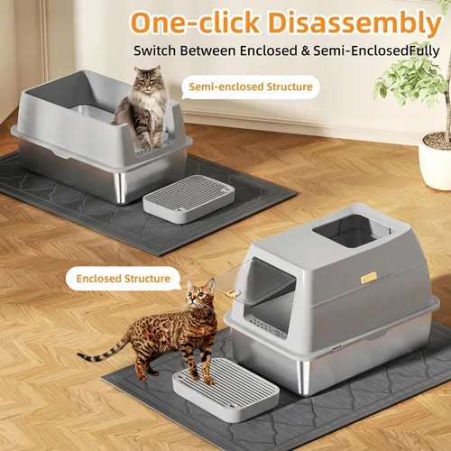 Miniatura 3 de Caja de arena de acero inoxidable con tapa, caja de arena para gatos de entrada frontal y salida superior, caja de metal cerrada extragrande