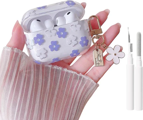 Miniatura 9 de MINSCOSE Funda transparente compatible con AirPods 1/2, bonito diseño de patrón de flores de dibujos animados con llavero floral, funda protectora