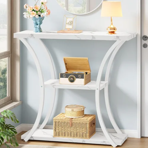 Miniatura 11 de Hoctieon - Mesa de recibidor de 3 niveles con estantes de madera abiertos, mesa decorativa para entrada con marcos curvos de metal, mesa de sofá