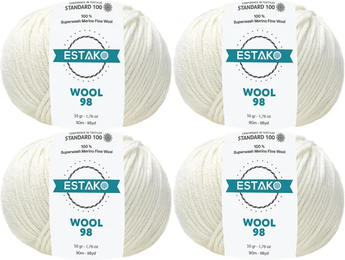 Miniatura 22 de Estako Lana 98 100% Lana Merina Superwash Lana Media Lana Lana Suave Tejido y Crochet Hilo 1.76 oz (50gr) 98 yds (295.3 ft) (6147 - Off White)