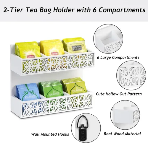 Miniatura 4 de Organizador de bolsas de té de madera de 2 niveles, soporte para bolsas de té montadas en la pared, organizador de bolsas de té, cofres de té