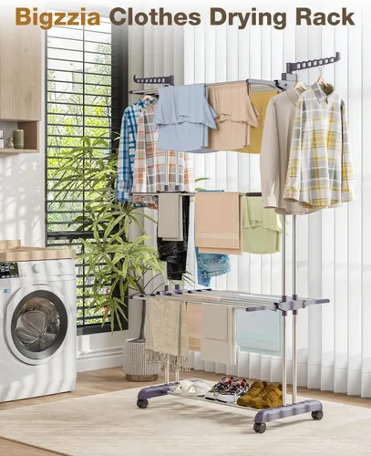 Miniatura 2 de Bigzzia Tendedero de Ropa Plegable Tendedero de Secado de Ropa de 4 Niveles Tendedero de Ropa con Dos Alas Laterales de Acero Inoxidable Gris
