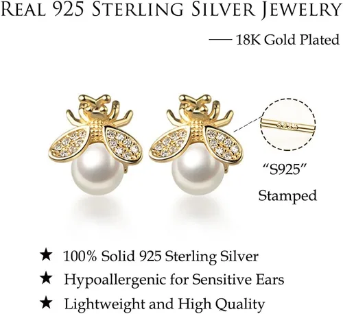 Miniatura 6 de Reffeer Aretes de plata de ley 925 maciza para mujeres, adolescentes, abejas, aretes tipo dormilona